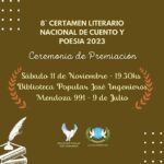 SÁBADO 11 DE NOVIEMBRE, 19 Y 30 HS. : 8º CERTAMEN LITERARIO NACIONAL DE CUENTO Y POESÍA
